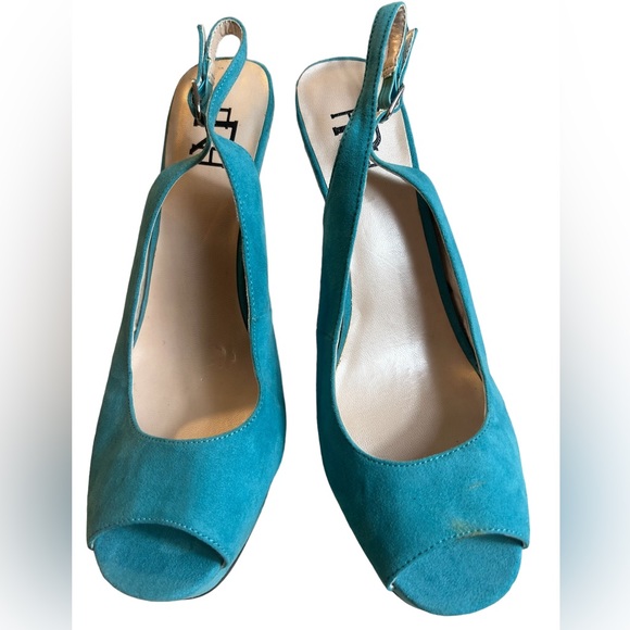 Teal Platform High Heels Size 8.5 Womens Block Heel 4.5” Faux Suede Bling Silver - Picture 10 of 13